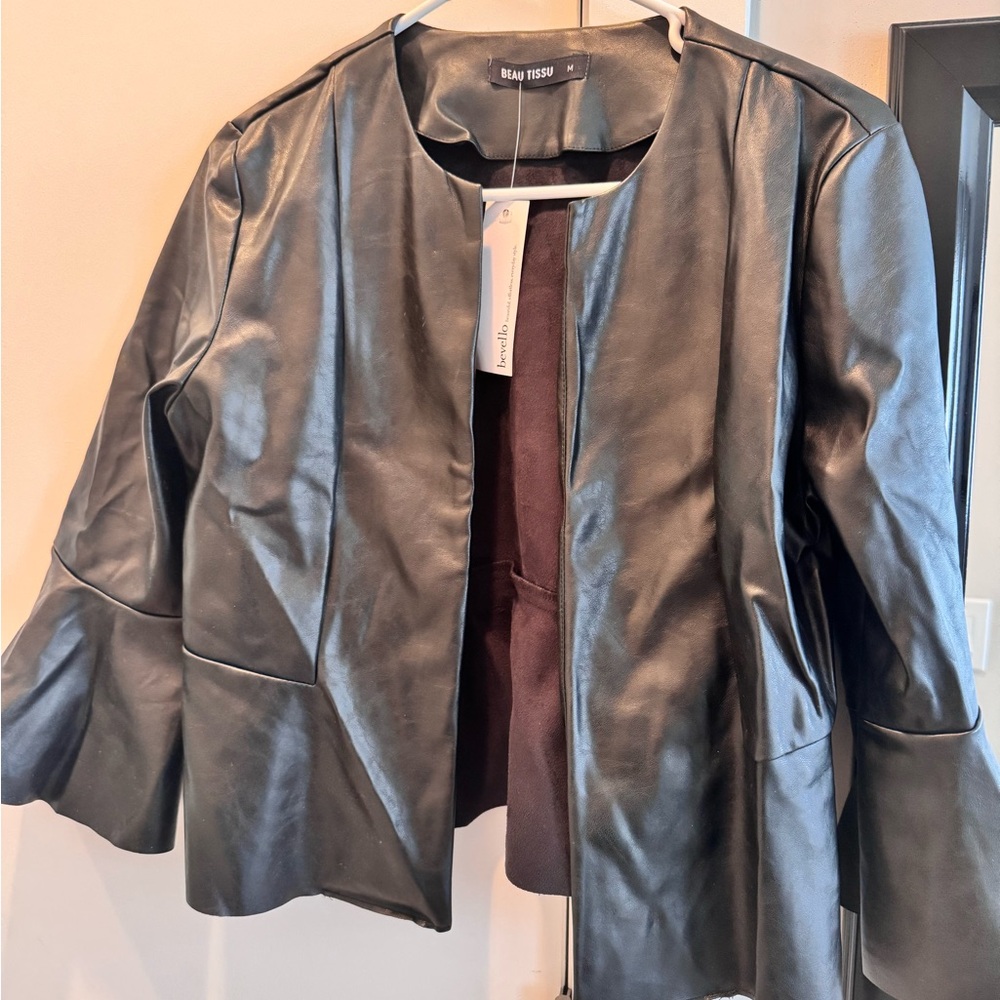 Beau Tissu Faux Leather Black Peplum Jacket – Size M (NWT)